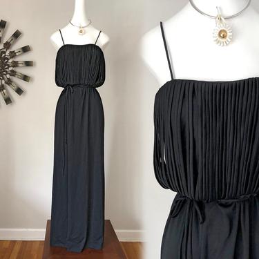 Vintage 70s SPAGHETTI STRING Dress Black 1970s Disco Party Mod Formal Gown Sexy Goth Gothic Column Prom Dress Flapper Fringe Top Size Small 