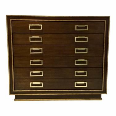 Currey and Company Modern Walnut Finished Wood and Brass Metal Benedict Map Chest of Drawers