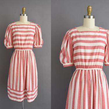 1980s vintage dress | Adorable Red &amp; White Stripe Print Cotton Day Dress | Small | 80s dress 