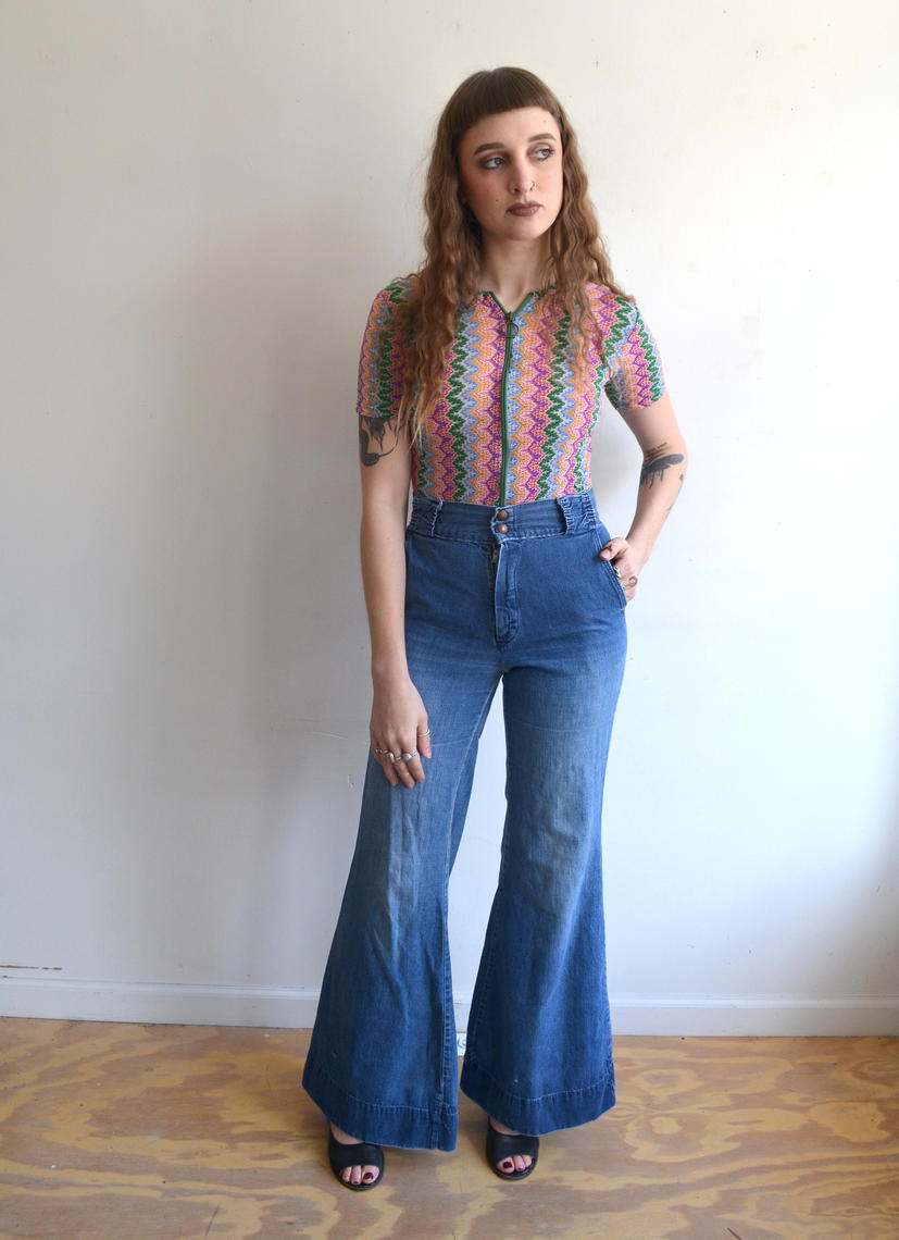 Vintage 70s Denim Bell Bottoms/ 1970s Bell Bottom Jeans/ Size Bottle of Bread Baltimore, MD