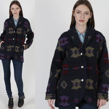 【80s】Vintage Shawl Collar Wool Coat USA Vintage 80s Navy Woolrich Coat / Southwestern Aztec Shawl