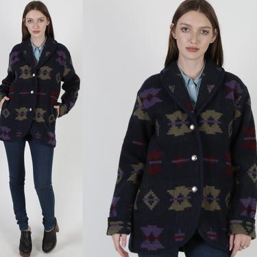 Vintage 80s Navy Woolrich Coat / Southwestern Aztec Shawl Collar / Native American Print Ranch Barn Jacket Size Small S 