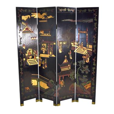Vintage Chinese Four Panel Coromandel Folding Screen Room Divider Court Scenes 