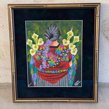 Artist Signed Vintage Painting, Woman's Profile with Long Braided Hair Holding Floral Bouquet of Lilies, Colorful Ethnic / Mexican Art 
