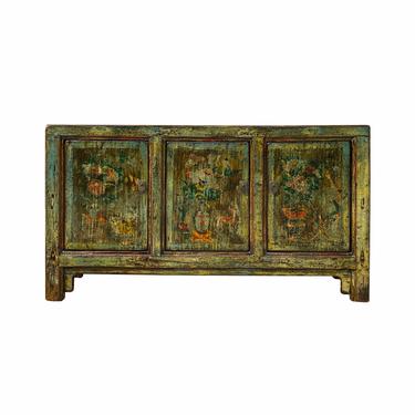 Chinese Distressed Olive Green Blue Graphic Sideboard TV Console Cabinet cs6908E 