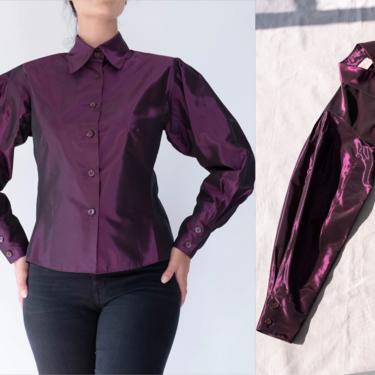 Vintage 80s BYBLOS Aubergine Liquid Satin Cropped Billowy Sleeve Blouse | Made in Italy | Pleated Shoulder, Poof Sleeve | 1980s Designer Top 