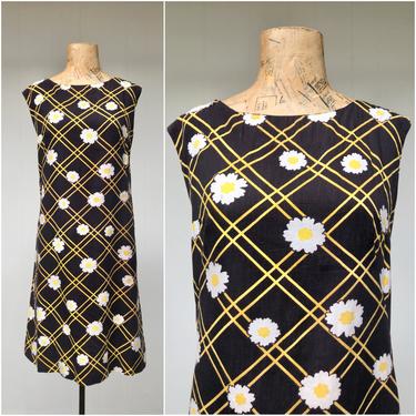 Vintage 1960s Cotton Daisy Print Dress, 60s Black Floral Shift, Mid-Century Summer Flower Power Sheath, Medium 38&quot; Bust 