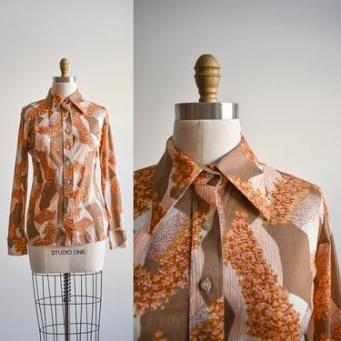 Vintage 1970s Orange Floral Polyester Blouse 