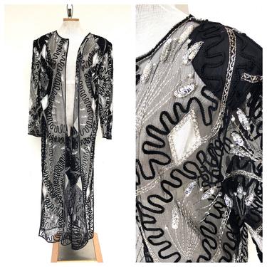 Vintage VTG 1980s 80s Black Silver Metallic Beaded Mesh Open Duster Coat Jacket 