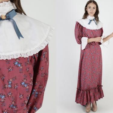 Vintage 70s Pilgrim Style Dress / Southern Belle Costume / Womens Maroon Rustic Chore Dress / Homespun Floral Full Skirt Maxi Dress 