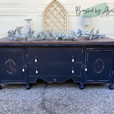 Refinished low buffet / tv stand / entertainment center / bed bench / entryway storage Jacobean Shabby chic / farmhouse / rustic style black 