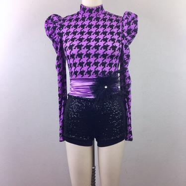 Vintage Houndstooth Sequin Dance Costume Unitard Onesie Bike Short Ballet Skating Puff Sleeve Purple Black S 