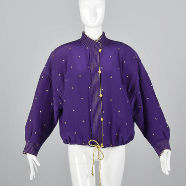Medium 1990s Ellen Tracy Purple Silk Jacket Metallic Gold Details Oversized Silk Jacket Casual Batwing Sleeves Dolman Sleeves 90s Vintage 