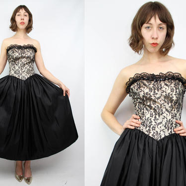 Vintage 80's Black Strapless Prom Dress / 1980's Crinoline Lined Dress / Formal / Sequin / Full Skirt / Gunne Sax / Women's Size XXS by Ru