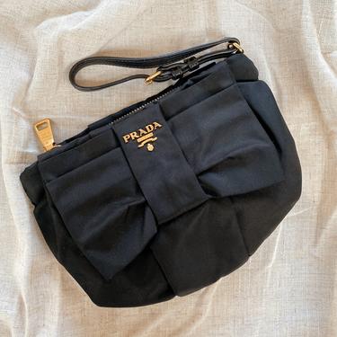 Vintage PRADA Milano Monogram Gold Logo BLACK Nylon Bow Wristlet Clutch Evening Bag Purse Handbag 