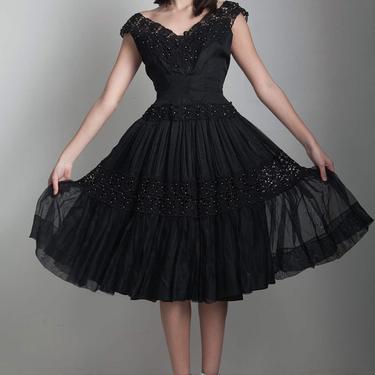 vintage 50s black party dress wasp waist fit and flare beaded lace full skirt XS S extra small - small 