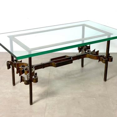 Vintage Brutalist Spanish Gilded Iron Glass Coffee Table 1950's 