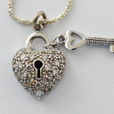 80's sterling pave crystal puffy heart lock &amp; key pendant, romantic clear crystal 925 silver bling necklace 