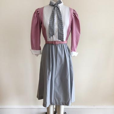 Mauve and Gray Midi-Dress with Contrast Bib Collar and Polka Dot Necktie - 1980s 
