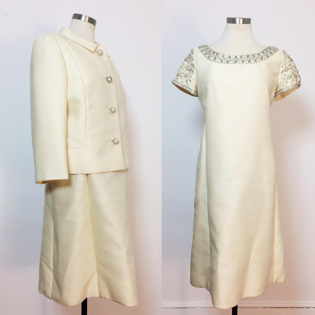 Vintage 1950s Matched Suit / Cream Dress & Jacket/ Beaded Dress