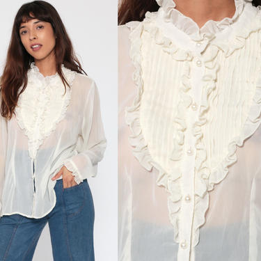 Chiffon Ruffle Blouse 70s TUXEDO Shirt Off-White Button Up SHEER Top Boho 1970s Victorian Vintage Bib Bohemian Long Sleeve Extra Large xl 