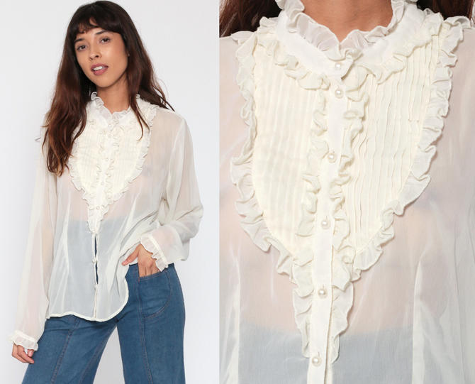 Career Blouse Semi-Sheer Blouse Poet Blouse Romantic Blouse XL Crinkle Top Lightweight Blouse Vintage Ruffle Blouse Gauze Top