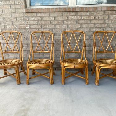 Set of Four Mid Century Paul Frankl Style Bamboo and Rattan Accent or Dining Side Chairs 