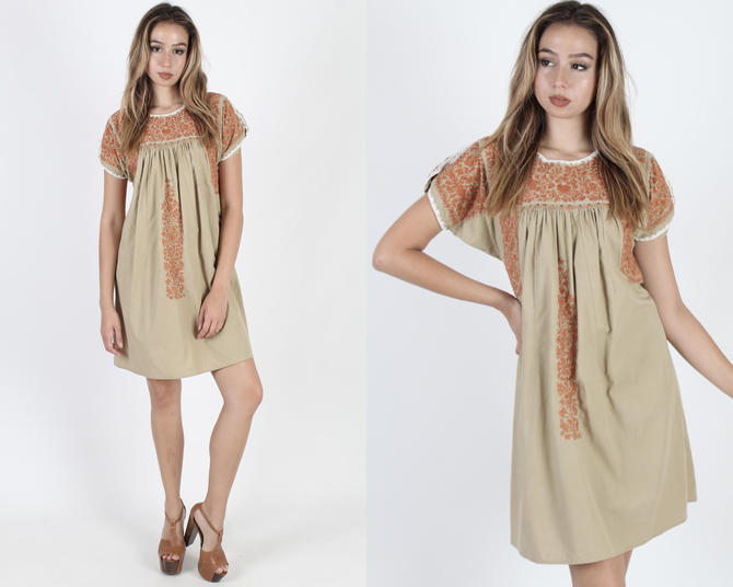 Beige Oaxacan Dress Mexican Wedding Dress Khaki Ethnic Dress