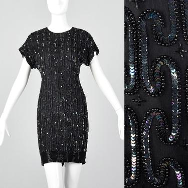 XXS Black Silk Sequin Cocktail Dress Beading Short Sleeve Vintage 1990s Short Beaded Dress 