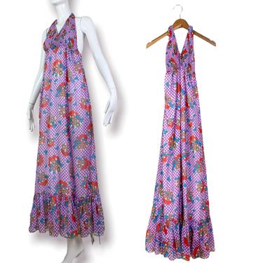 60s Mad Whirl purple gingham maxi dress / Size XS 