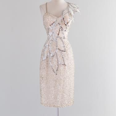 Fabulous 1980's Silver Leaf Beaded Cocktail Party Dress / Medium