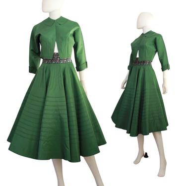 1950s Emerald Green Taffeta 2 Piece Skirt &amp; Bolero Set - 1950s Green Taffeta Party Skirt - 1950s Green Full Skirt  | Size Small 