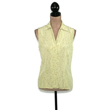 Sleeveless Silk Blouse Small, Green Floral Button Up Shirt, Summer Y2K Tops Women Clothes, Vintage Clothing from Jones Wear Size 6 