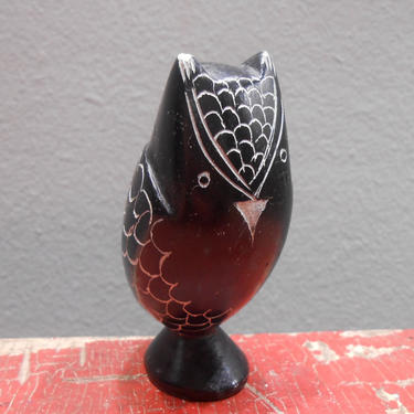Vintage Hand Carved Onyx Owl Marble Stone Figurine Statue Knick Knack Sculpture Standing Perched Black White Owl 
