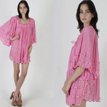 Pink Gauze Micro Mini Dress / Kimono Sleeves Dress / Vintage 80s Floral Crochet Lace / Angel Sleeve Solid Color Sheer Short Dress 
