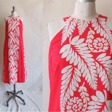 Vintage 60s Hawaiian Print Cotton Maxi Dress/ 1960s Bonwit Teller Open Shoulder Halter Style Shift Dress/ Size Small 