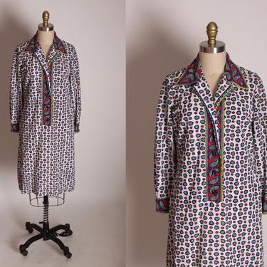 Late 1960s Early 1970s Red, White, Blue, Black and Yellow Paisley Abstract Pattern 3/4 Length Sleeve Dress -M 