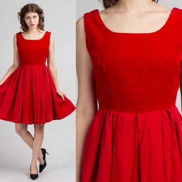 Vintage 50s 60s Red Velvet &amp; Satin Party Dress - Medium | Retro 1950s Fit Flare Sleeveless Formal Mini 