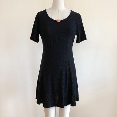 Black Textured Knit Babydoll Dress with Pink Rosette - Early 1990s 