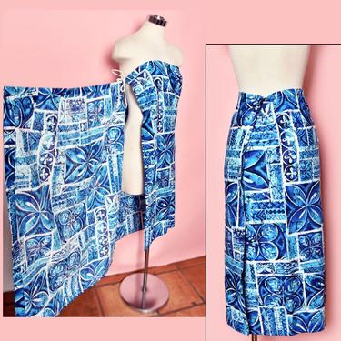 60's Blue Hawaiian Vintage Barkcloth Wrap Sarong Dress Skirt Hawaii Print Cotton 1960's Tiki Mod Mid Century Pinup Rockabilly Dress 