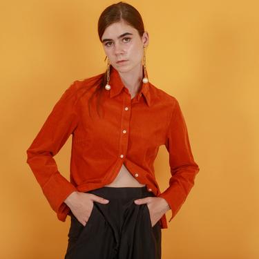 90s Orange Corduroy Long Sleeve Top Vintage Pumpkin Orange Buttton Down Blouse 