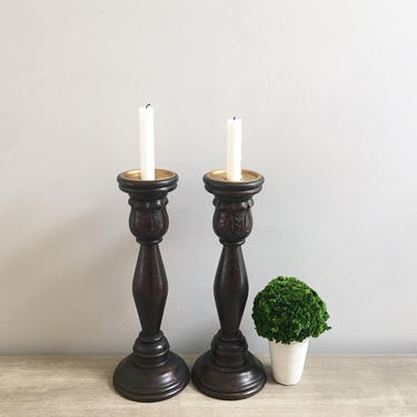 Large Wood Candlesticks 15&amp;quot; Tall Dark Carved Wooden Candle Holders Brass Trim Modern Farmhouse 