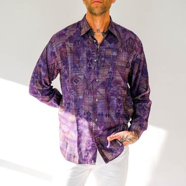 Vintage 80s Alex Sebastian Sangria Tie Dye Herringbone Button Up Shirt w/ Phantom Aztec Print | Made in Italy | 1980s Italian Designer Shirt 