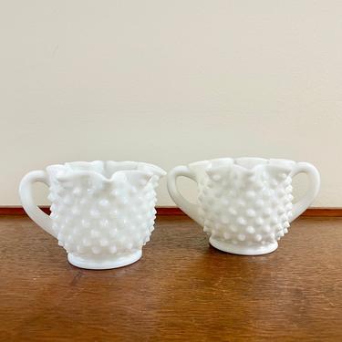 Vintage Milk Glass Hobnail Sugar and Creamer Set with Wavy Scalloped Edge 