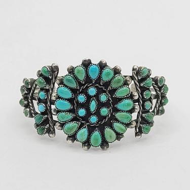 Turquoise Cluster Cuff - Old Pawn Silver Turquoise Cuff - Zuni or Navajo - 40s/50s Cuff - Multicolor Turquoise - Thick Cuff 