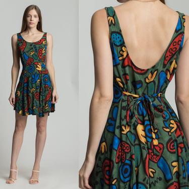 90s Big Hed Colorful Abstract Print Mini Dress - Small | Vintage Green Boho Sleeveless Sundress 