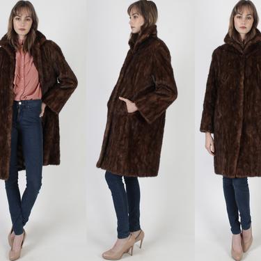Vintage 60s Feathered Mahogany Mink Fur Coat / Dark Brown Real Fur Mink Coat / Genuine Patchwork Plush Jacket With Pockets 