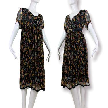 90s Black Floral Babydoll Dress / size Medium 