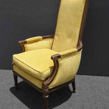 Vintage French Provincial Carved Wood Yellow Velvet Tallback Accent Chair 