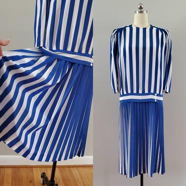 1980s Does 1920s Drop Waist Dress in Blue and White Stripes 20s Party Dress 80's Women's Vintage Size Large 